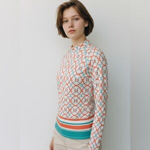 Cabana Life Sun Rashguard Nylon Spandex White Coral Green Swim Top Zipper Sz M